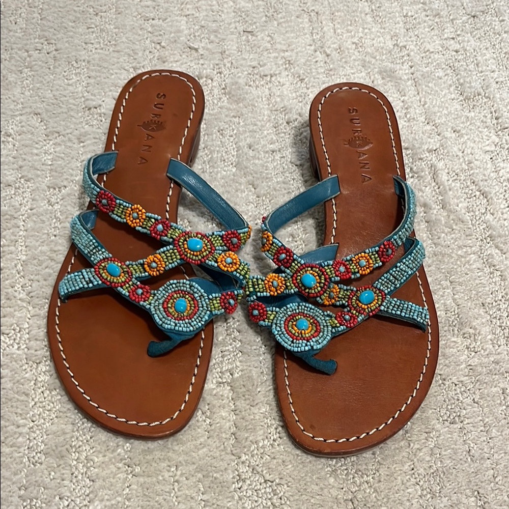 Women's Beaded Sandals - Turquoise and Brown
